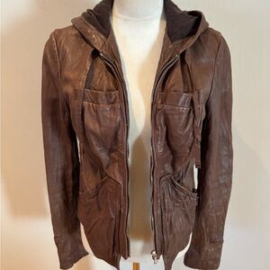 Men's Brown Leather Jacket with Hood